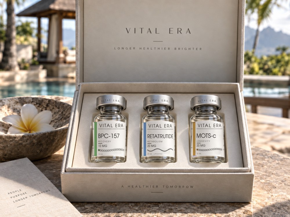 VITAL ERA presentation box with three vials, pool and tropical garden behind