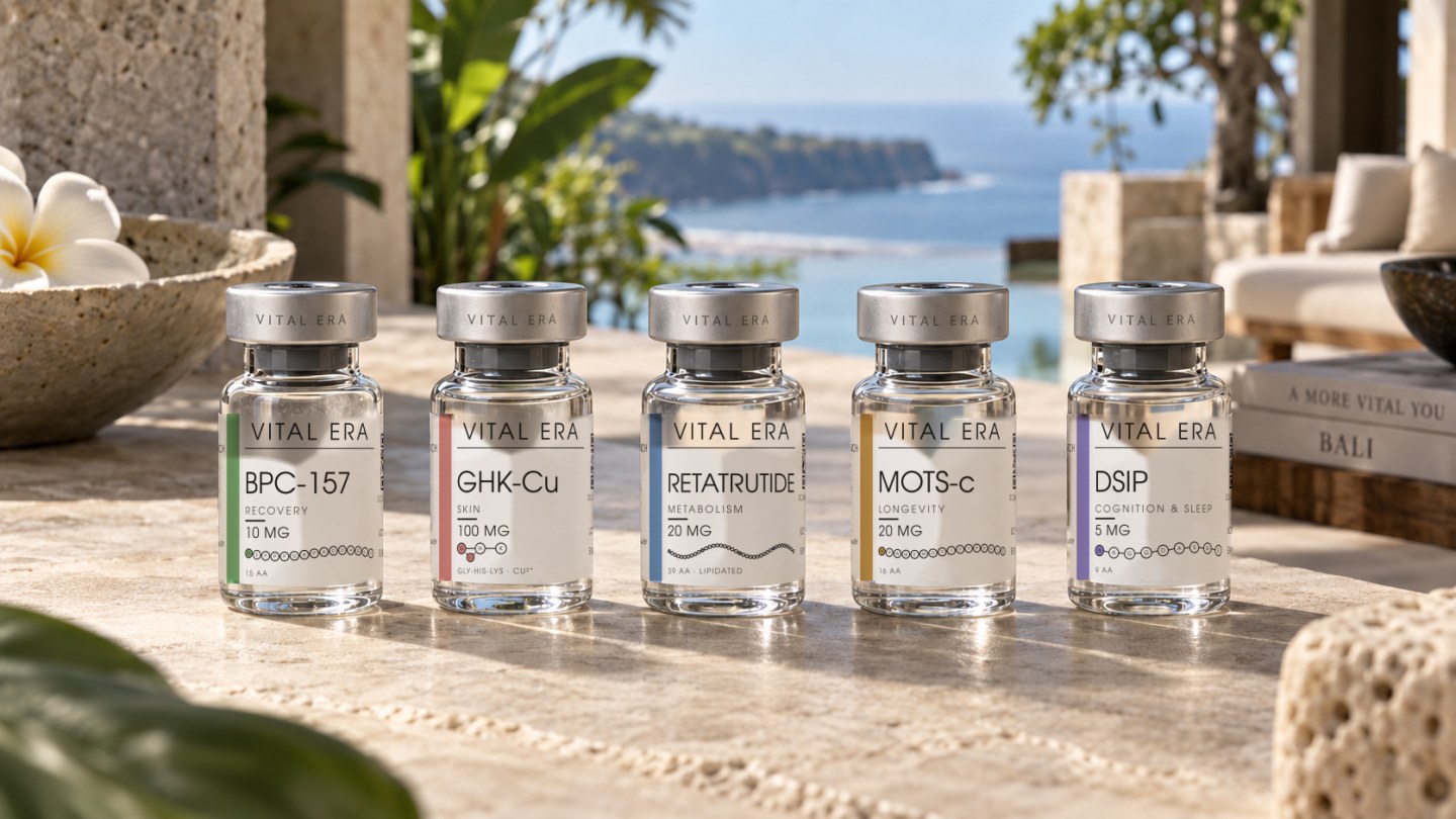 VITAL ERA vials with silver caps on travertine, overlooking the ocean in Bali