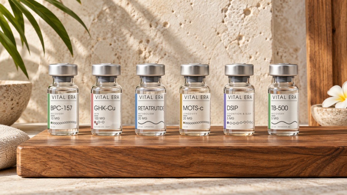 VITAL ERA vials on a teak board, warm Bali light on travertine